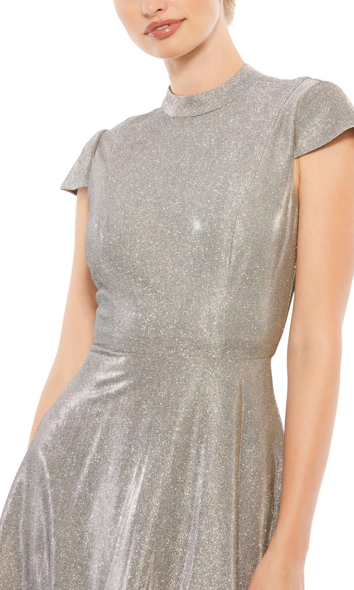 A woman wearing the Short Wedding Guest Dress 26151 by Mac Duggal, featuring a silver metallic finish, fitted bodice, flared skirt, and short sleeves—ideal for festive occasions.